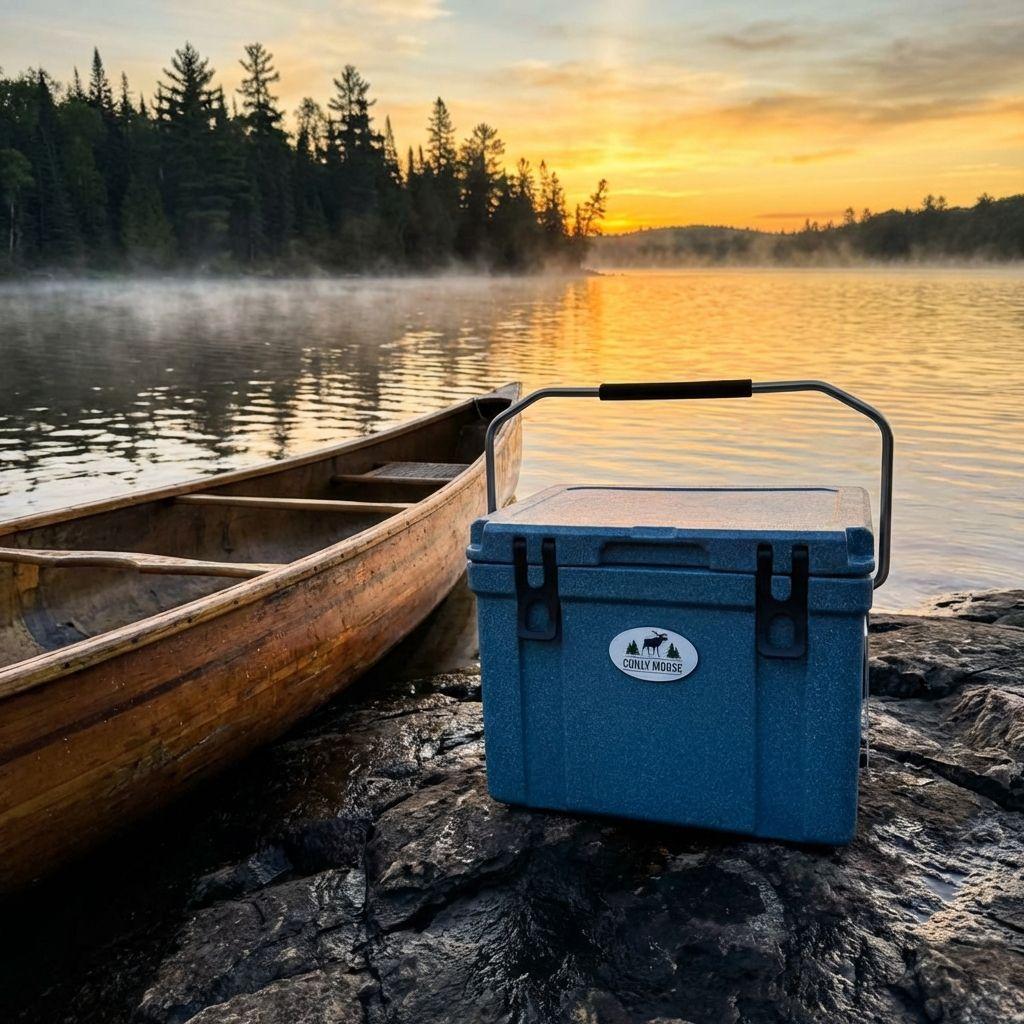 Chilly Moose cabin cooler on a dock surrounded by fishing rods, tackle, and lures with a calm   lake and forest at golden hour