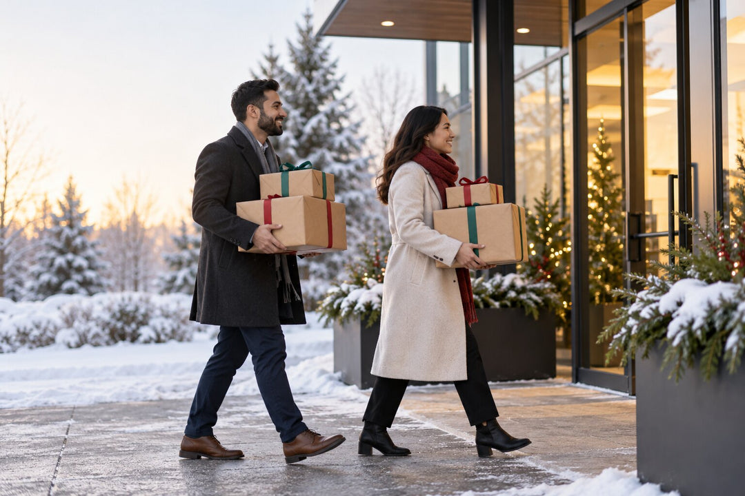 Two coworkers carry plain wrapped gifts into a snowy office during Canadian holiday gift planning