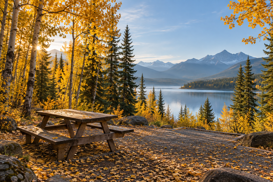 Empty picnic table among golden autumn trees overlooking a mountain lake; AI-generated illustration of an imagined campsite.