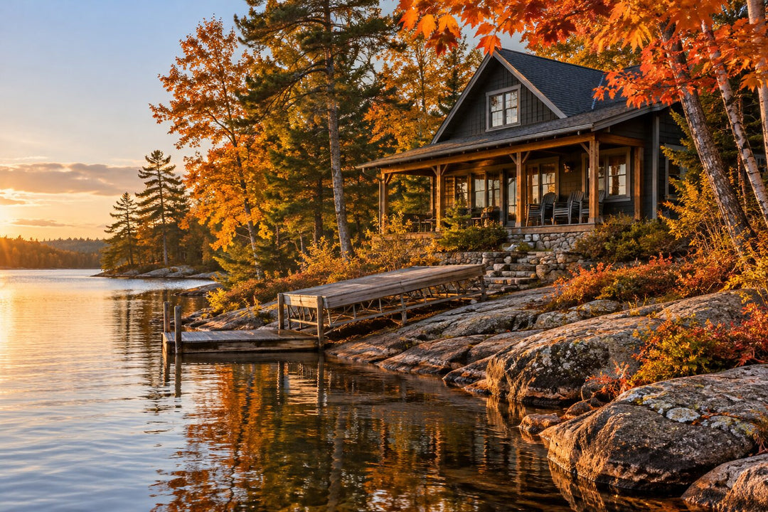 An imagined Ontario lakeside cottage among autumn trees with outdoor chairs stored on the porch and the dock partly lifted; AI-generated illustration.