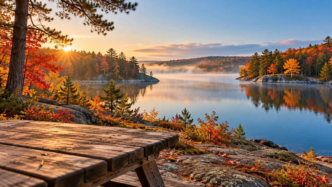 Autumn-coloured forest reflected in a quiet lake beside a wooden picnic table; AI-generated illustration.