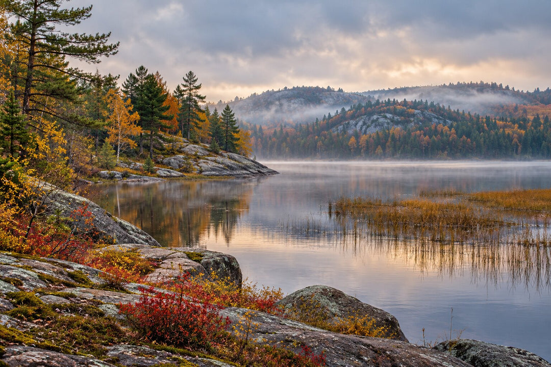 AI-generated Ontario lake and wetland landscape with granite shoreline, autumn forest and morning mist.
