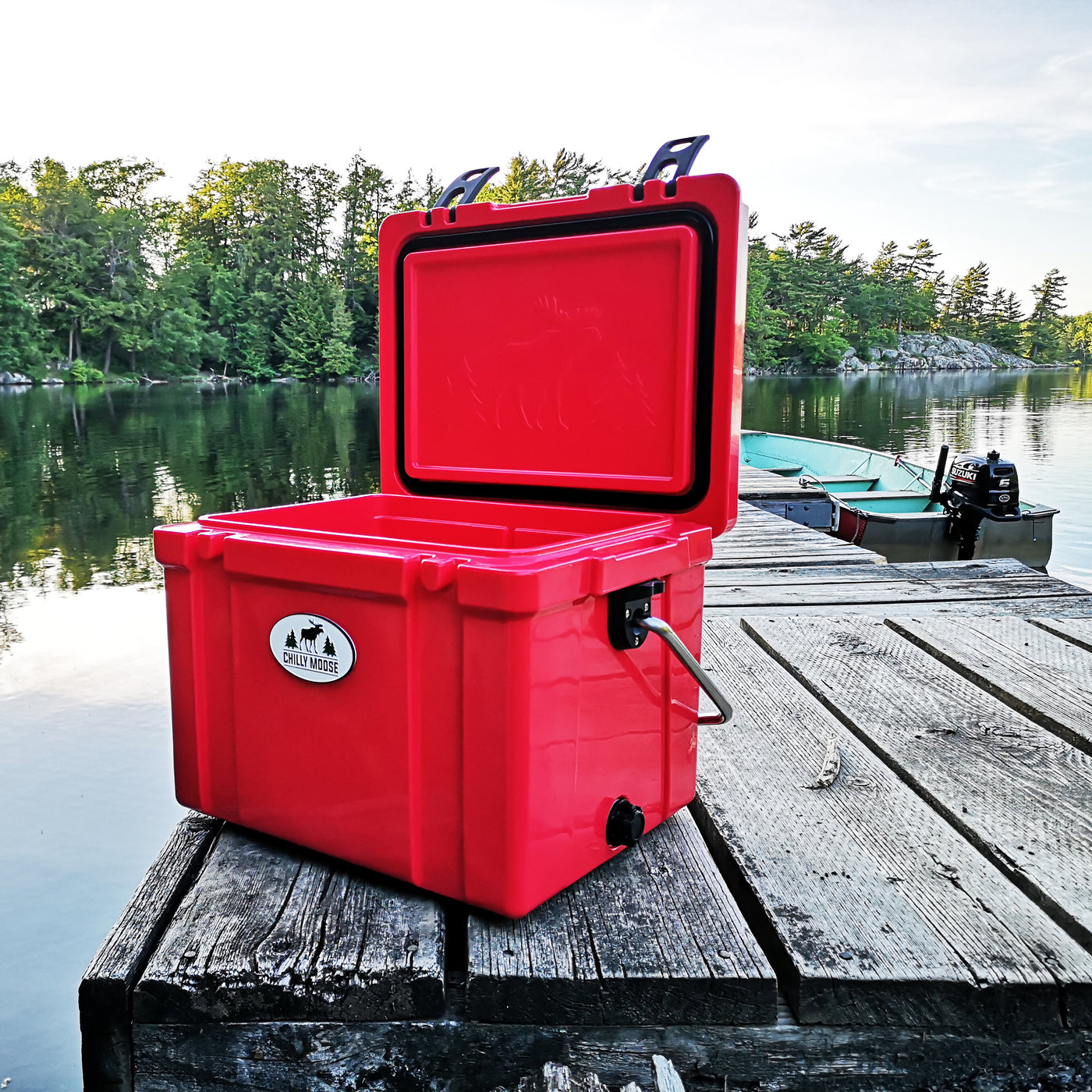 Chilly Moose 25L Chilly Ice Box in Canoe Red on the dock