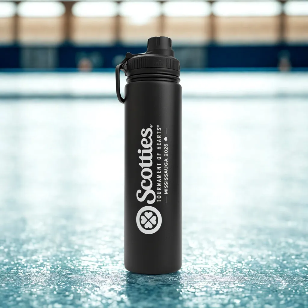 Black water bottle with Scotties logo on a reflective surface
