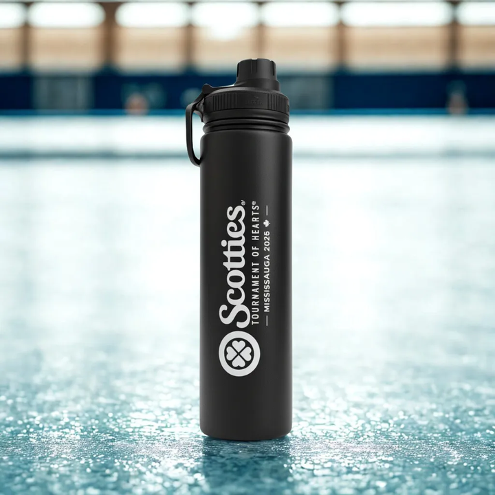Black water bottle with Scotties logo on a reflective surface