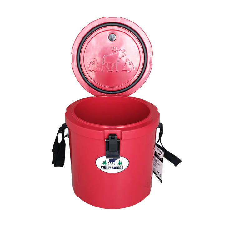 Harbour Bucket Cooler 12L in Canoe Red – Chilly Moose – open lid front view #colour_canoe-red