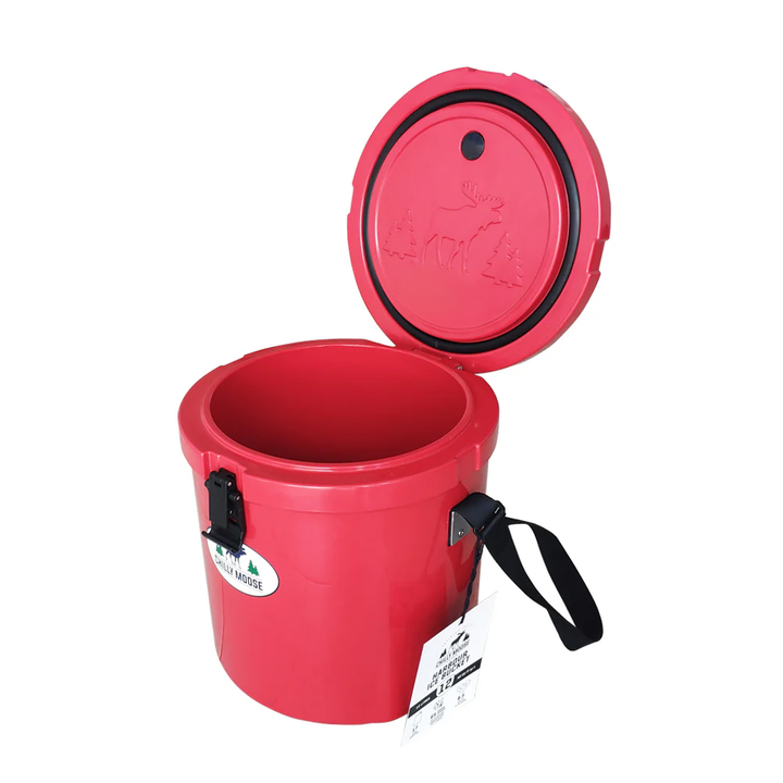 Harbour Bucket Cooler 12L in Canoe Red – Chilly Moose – open lid right angle #colour_canoe-red