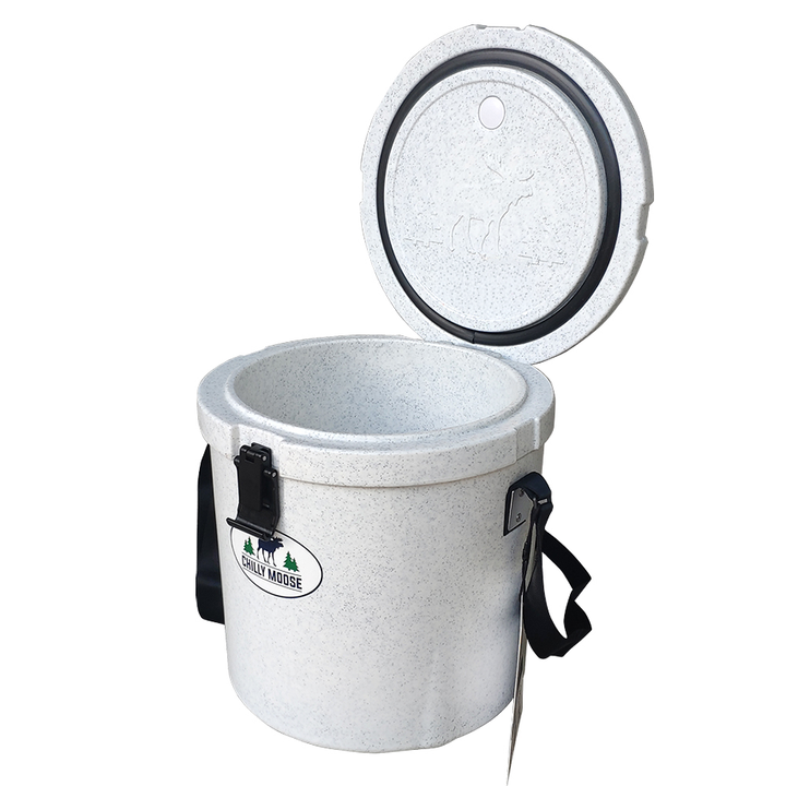 Harbour Bucket Cooler 12L in Limestone – Chilly Moose – open lid right angle #colour_limestone