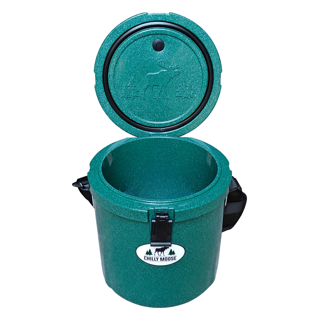 Harbour Bucket Cooler 12L in Forest Green – Chilly Moose – open lid front view #colour_forest-green