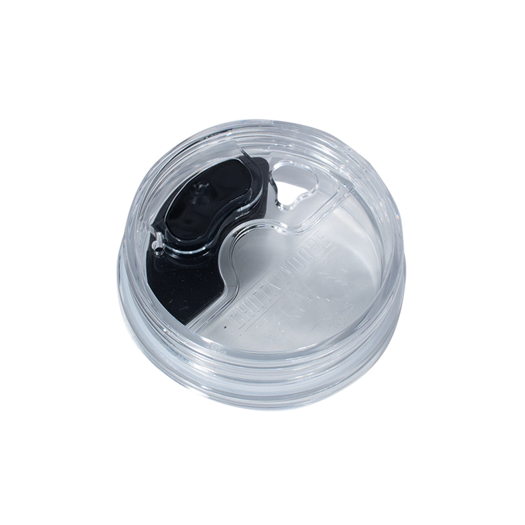 Magnetic Slider 14oz Brent Tumbler Lid – Chilly Moose – Angle view showing slider open #colour_clear
