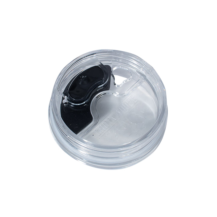 Magnetic Slider 14oz Brent Tumbler Lid – Chilly Moose – Angle view showing slider open #colour_clear