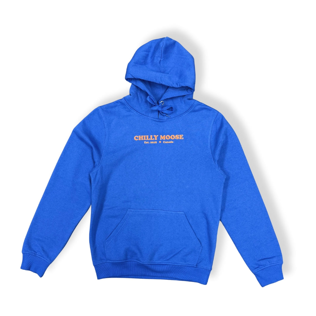 Blue hoodie with 'Chilly Moose' text on a white background