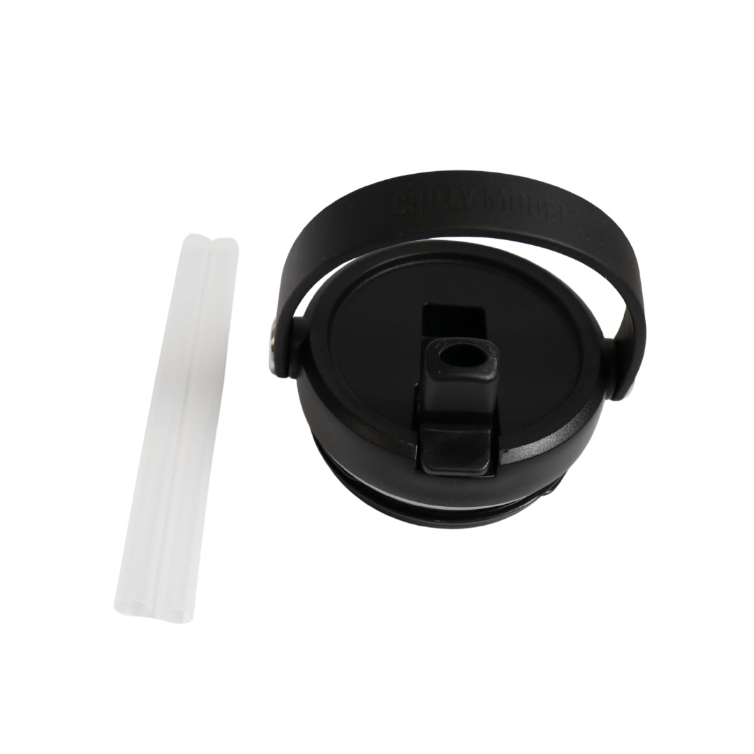 580mL / 900mL Straw Lid – Chilly Moose – Black flip-top lid with straw and clear straw cover #colour_black