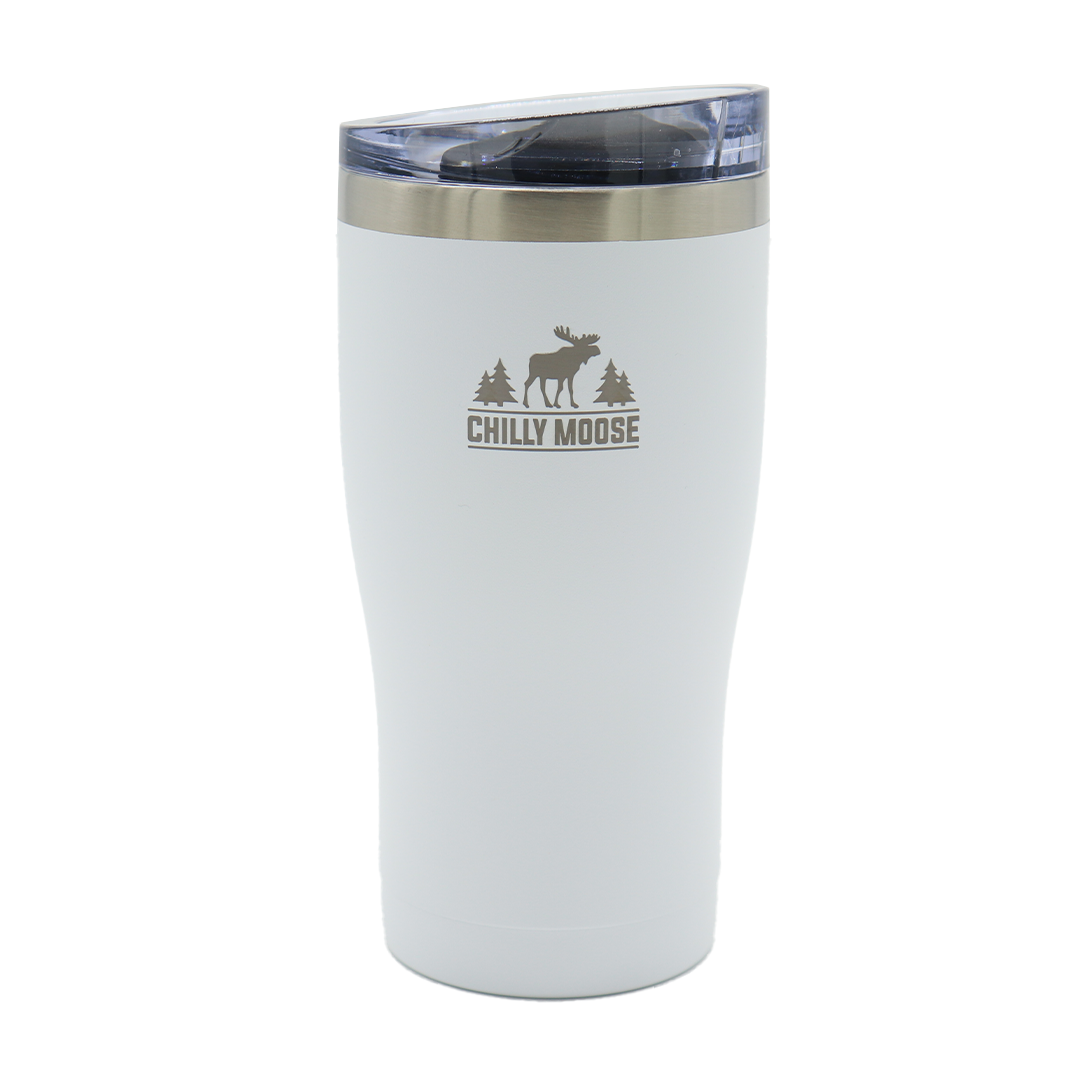 Born to Hunt Algonquin Tumbler 580mL in Frost White – Chilly Moose – Front angled view #colour_frost-white