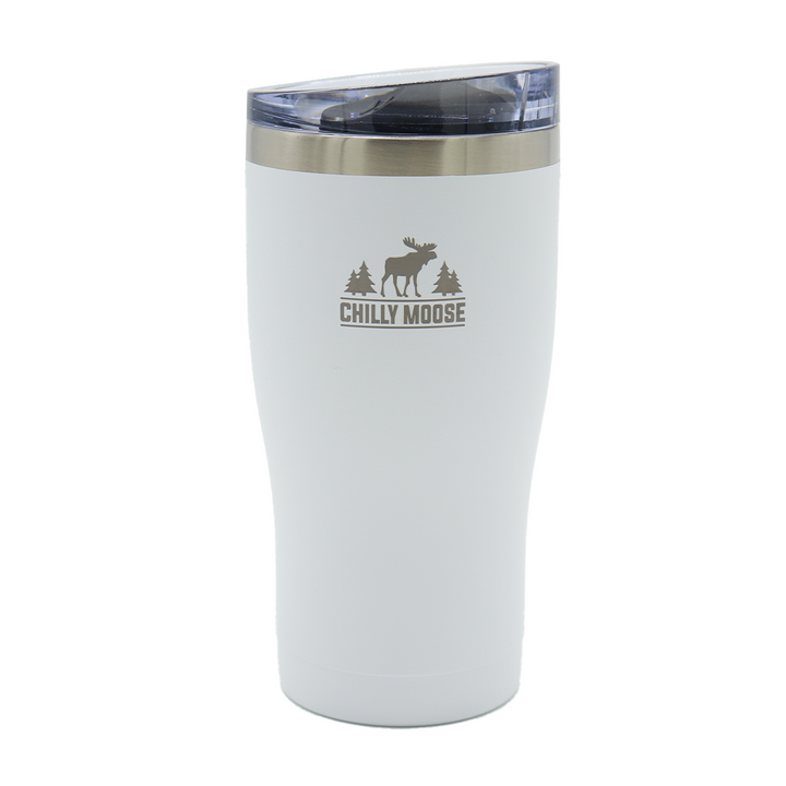 Born to Hunt Algonquin Tumbler 580mL in Frost White – Chilly Moose – Front angled view #colour_frost-white