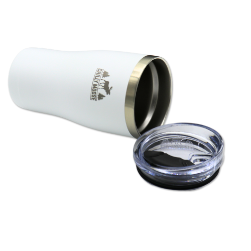 Born to Hunt Algonquin Tumbler 580mL in Frost White – Chilly Moose – Angle with lid removed #colour_frost-white