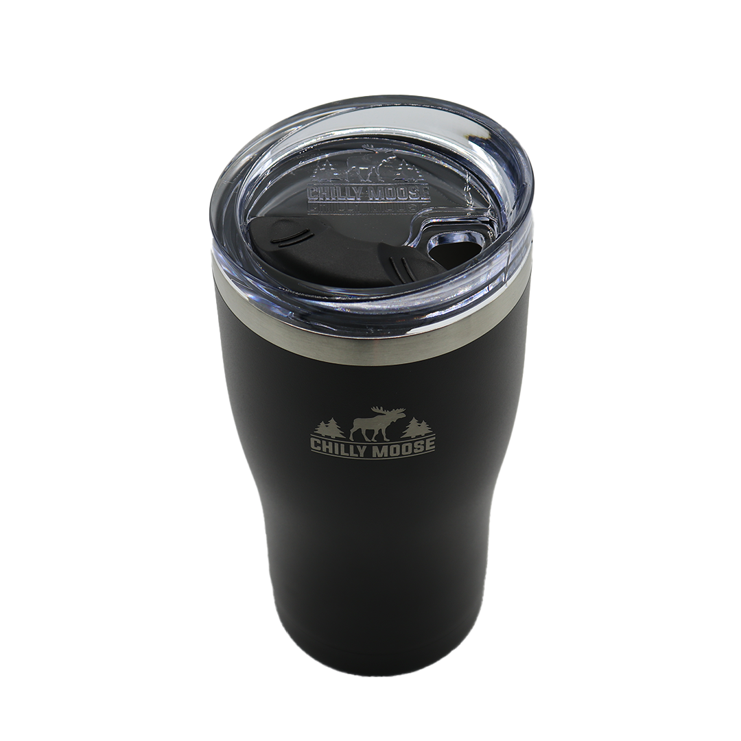 Born to Hunt Algonquin Tumbler 580mL in Midnight – Chilly Moose – Top down view showing lid #colour_midnight