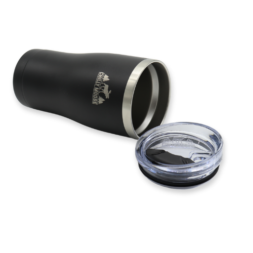 Born to Hunt Algonquin Tumbler 580mL in Midnight – Chilly Moose – Tilted with lid removed #colour_midnight