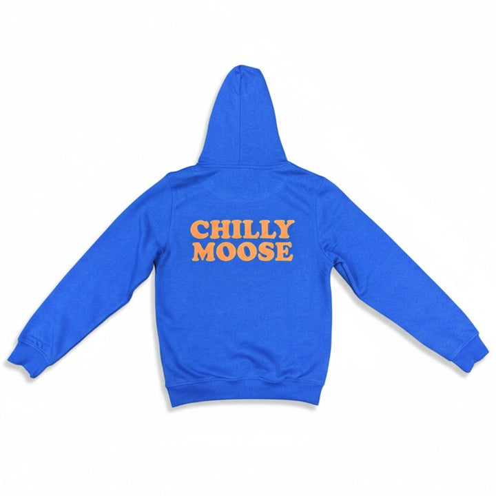 Blue hoodie with 'Chilly Moose' text on the back against a white background