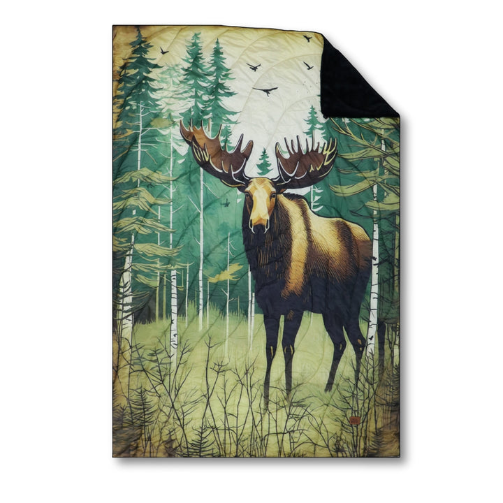 Forest Guardian Ultralight Blanket – Chilly Moose – Flat lay showing moose in forest design #colour_forest