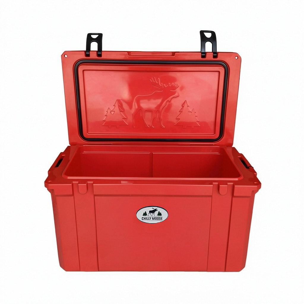 55L Chilly Ice Box Cooler in Canoe Red – Chilly Moose – Lid Open with embossed moose #colour_canoe-red