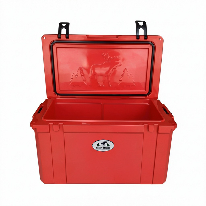 55L Chilly Ice Box Cooler in Canoe Red – Chilly Moose – Lid Open with embossed moose #colour_canoe-red