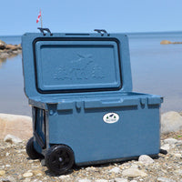 Open Box 55L Wheeled Explorer in Great Lakes – Chilly Moose – lid open on beach #colour_great-lakes