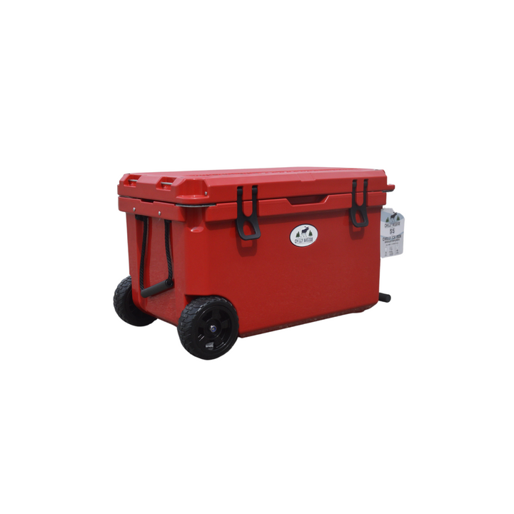 Open Box 55L Wheeled Explorer in Canoe Red – Chilly Moose – Side angle 