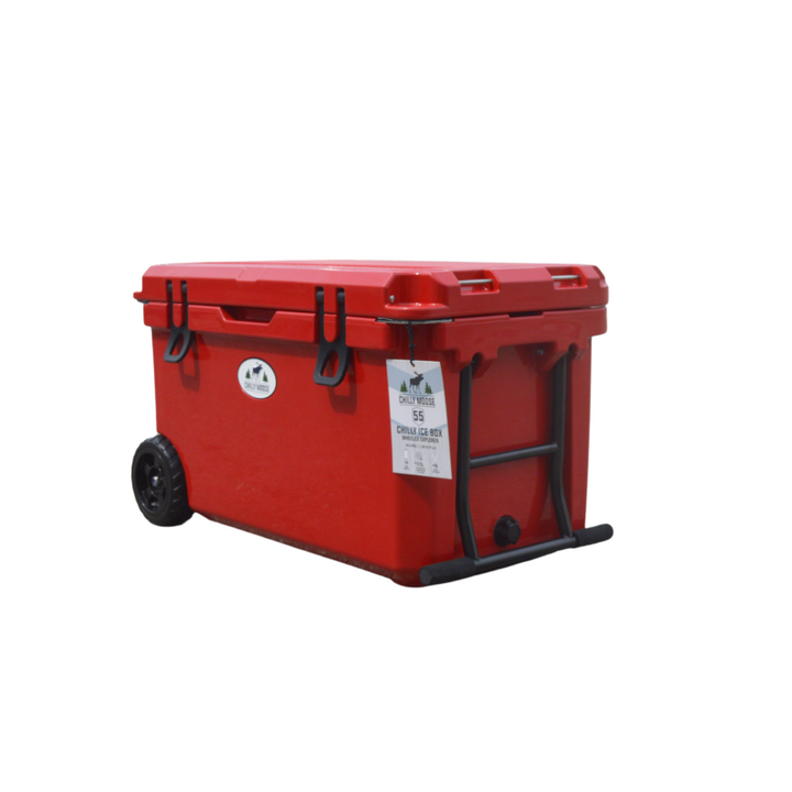 Open Box 55L Wheeled Explorer in Canoe Red – Chilly Moose – Three-quarter angle with extended handle 