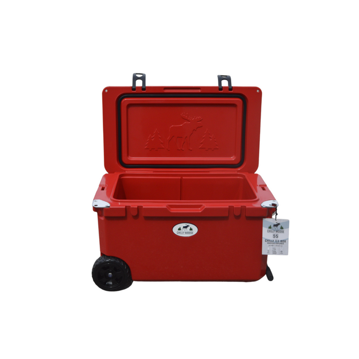 Open Box 55L Wheeled Explorer in Canoe Red – Chilly Moose – Lid open showing embossed moose 