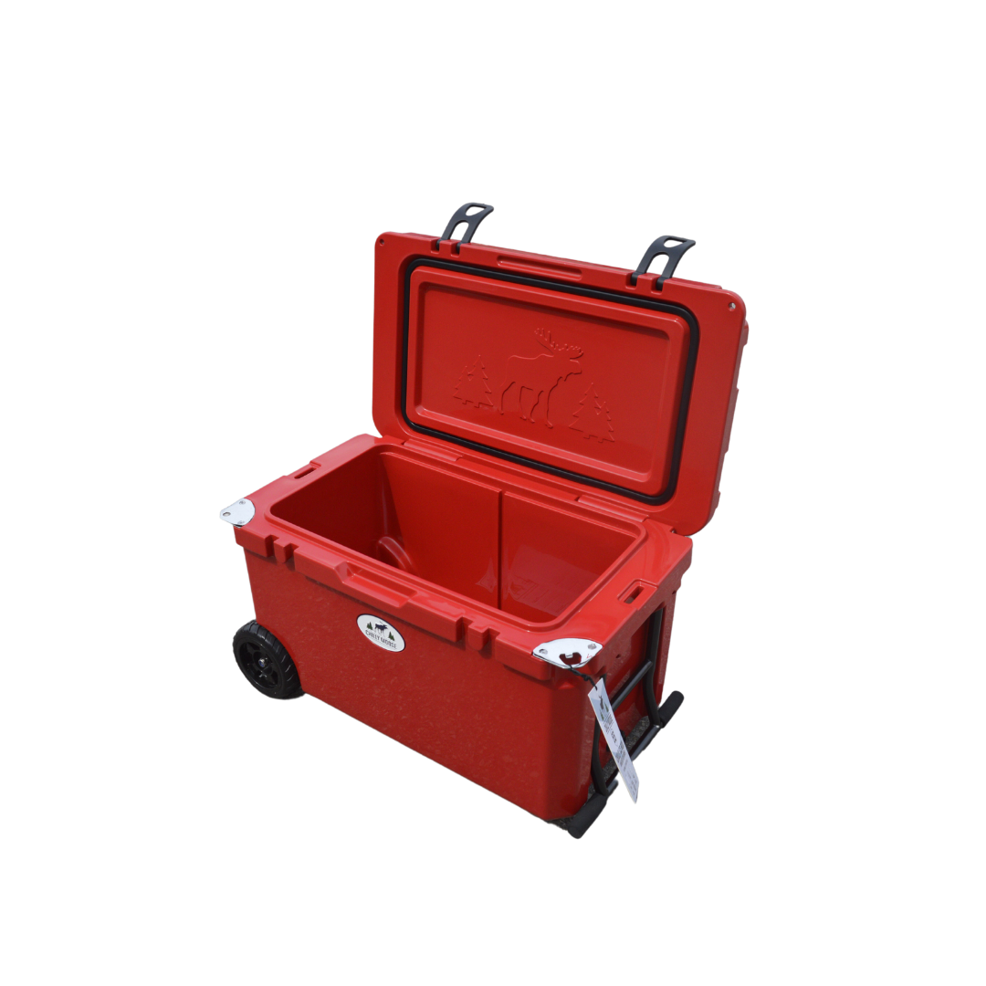 Open Box 55L Wheeled Explorer in Canoe Red – Chilly Moose – Angled view with lid open 