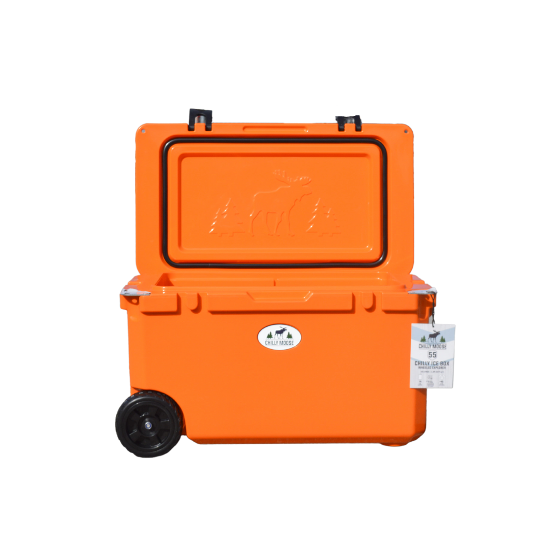 Open Box 55L Wheeled Explorer in Blaze Orange – Chilly Moose – Lid open showing interior 