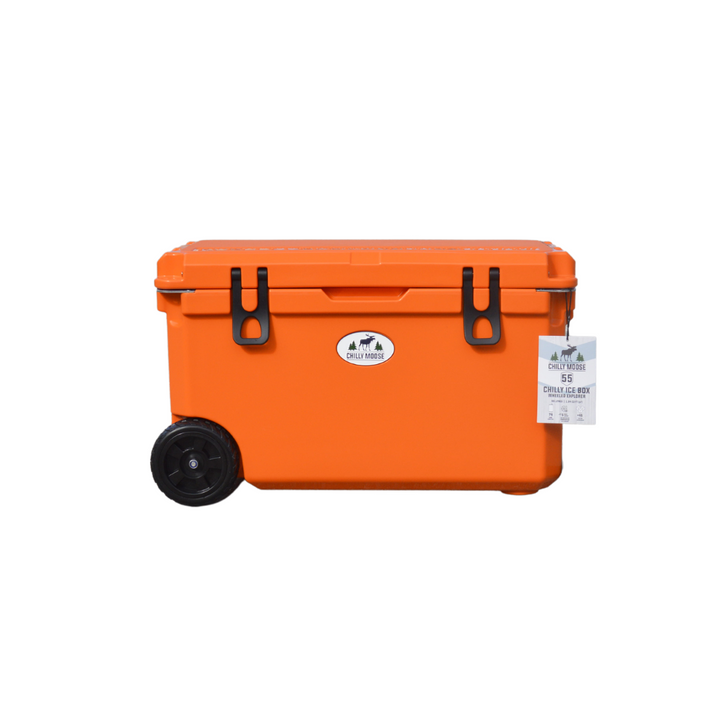 Open Box 55L Wheeled Explorer in Blaze Orange – Chilly Moose – Front view 