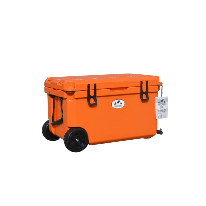 Open Box 55L Wheeled Explorer in Blaze Orange – Chilly Moose – Side angle 