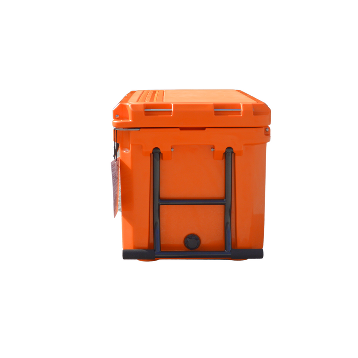 Open Box 55L Wheeled Explorer in Blaze Orange – Chilly Moose – Back view with telescoping handle 