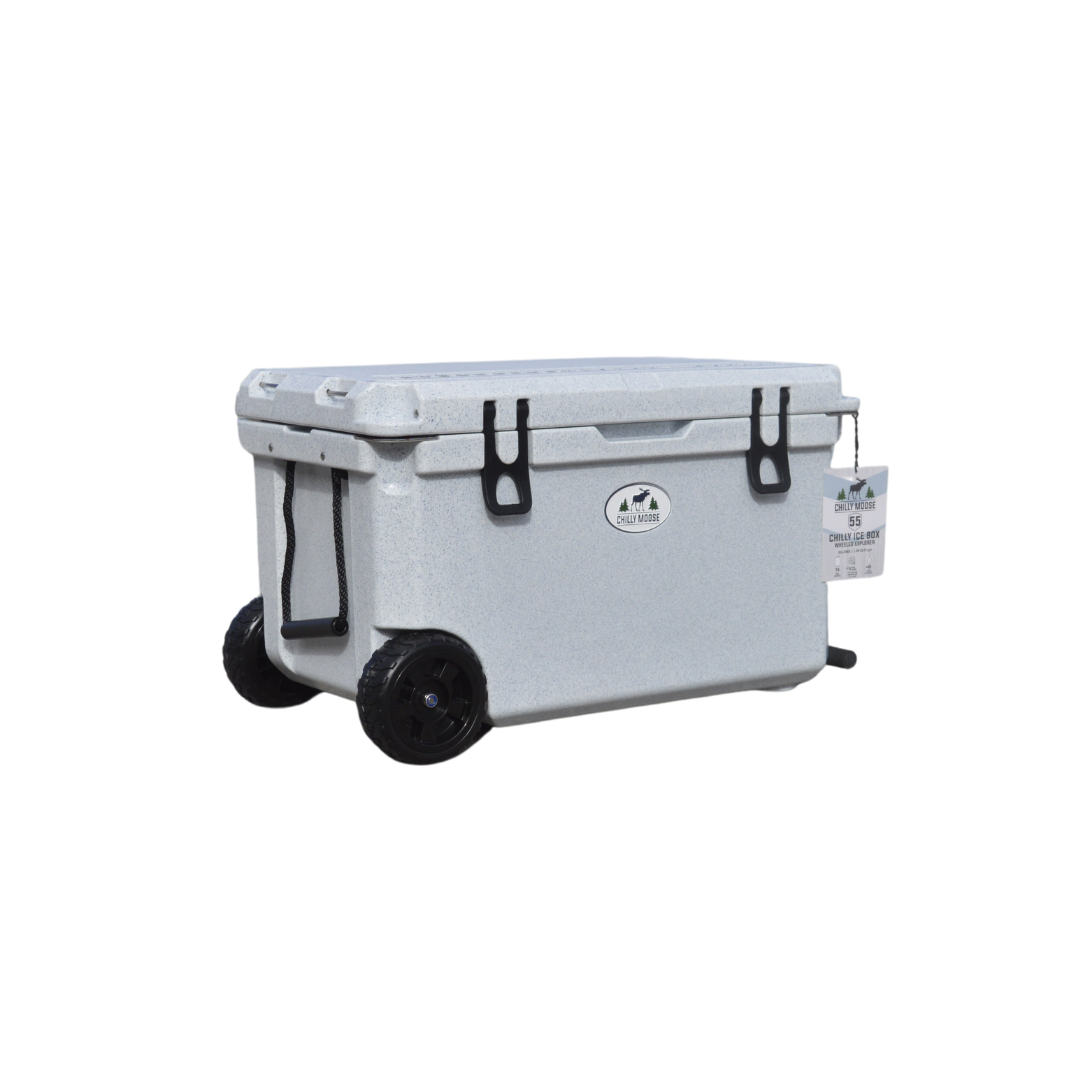 55L Wheeled Explorer Ice Box Cooler in Limestone – Chilly Moose – Angled studio shot with wheels #colour_limestone