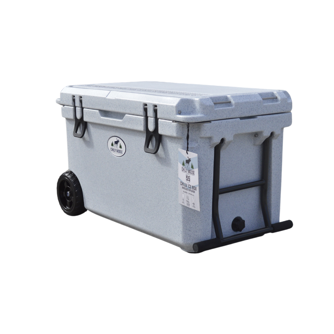 Open Box 55L Wheeled Explorer in Limestone – Chilly Moose – Angled Side View 