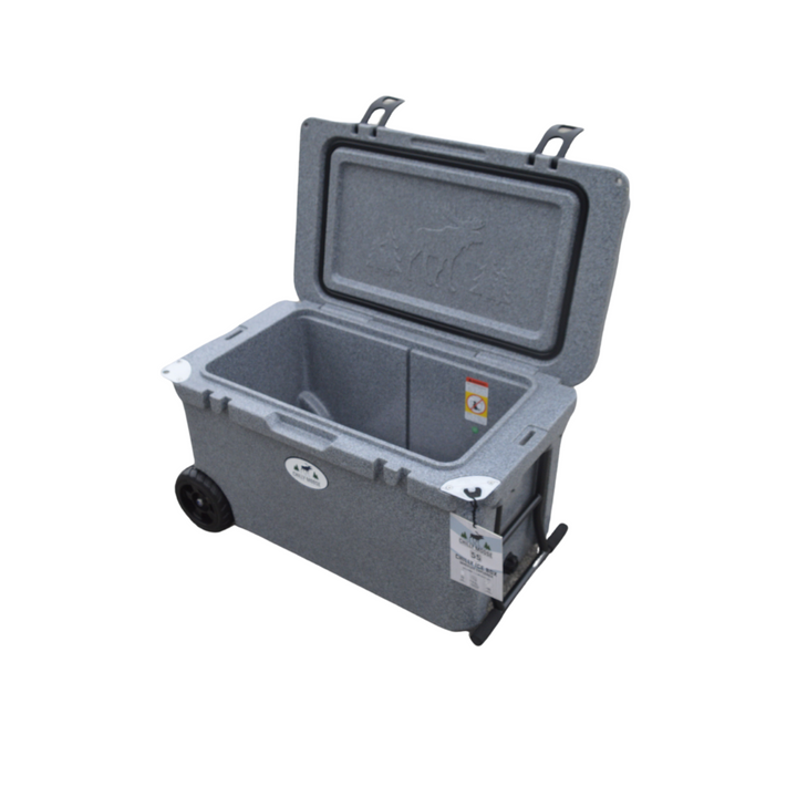 Open Box 55L Wheeled Explorer in Moonstone – Chilly Moose – Lid open with extended handle 