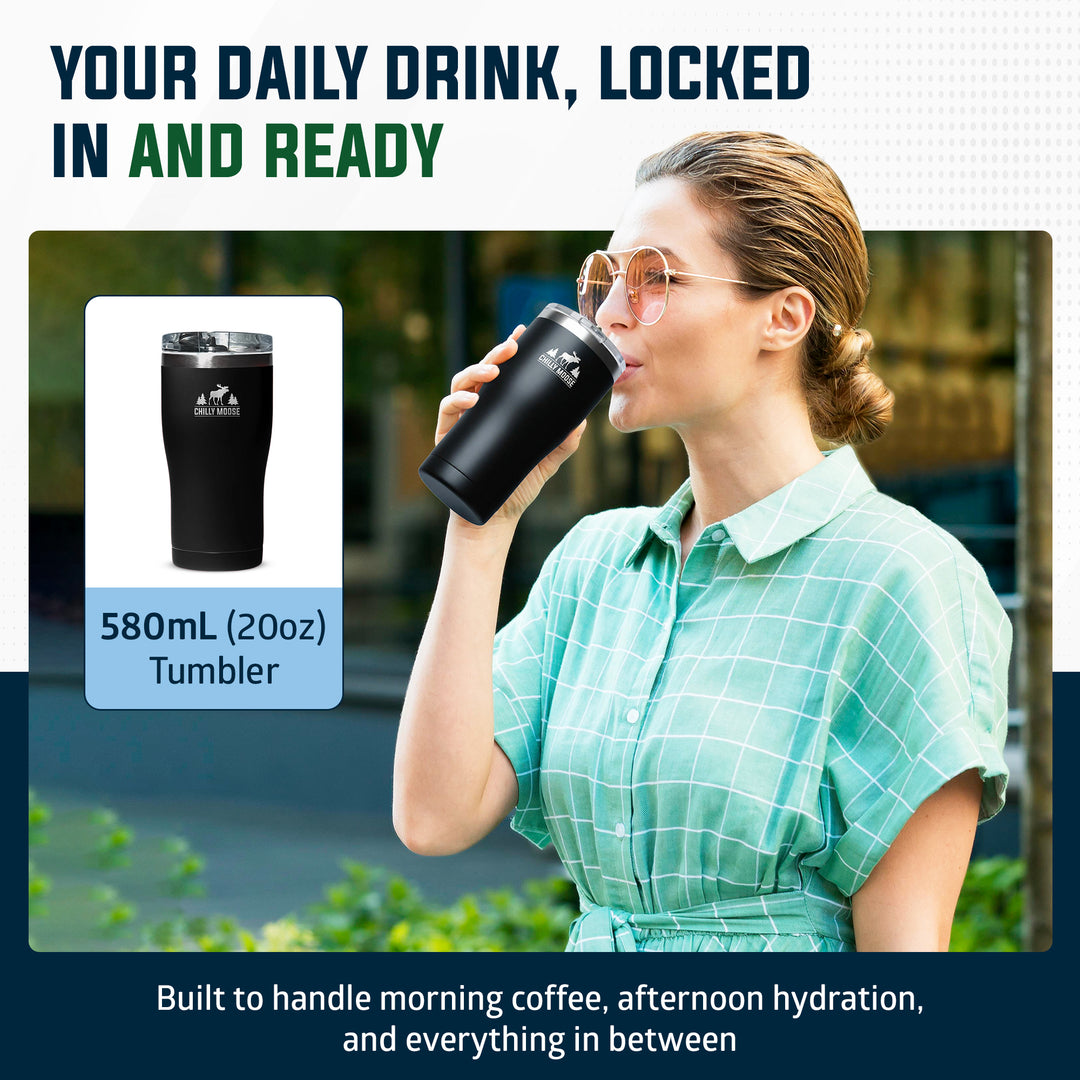 A woman in a green plaid shirt drinks from a black insulated tumbler. The image includes a product inset showing the tumbler alone and marketing text that reads 'YOUR DAILY DRINK, LOCKED IN AND READY' and '580mL (20oz) Tumbler.#colour_midnight