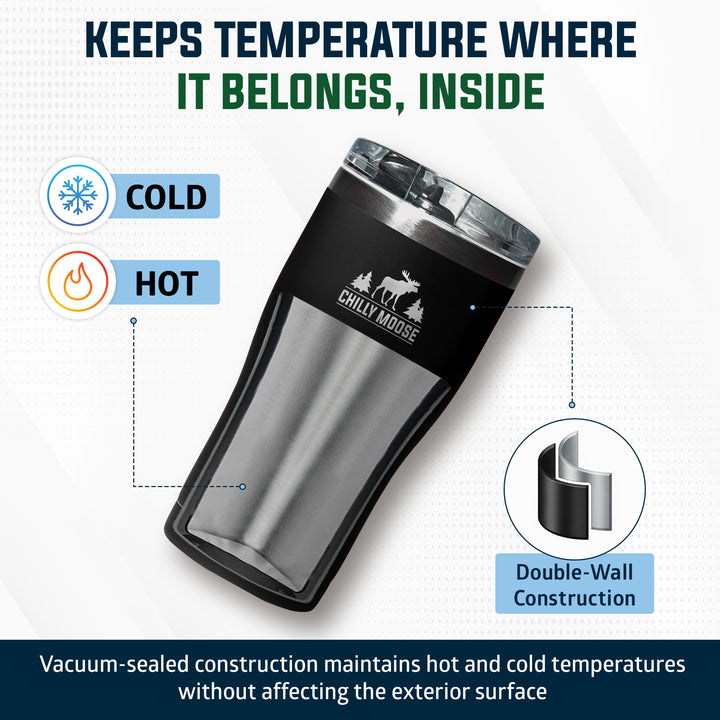 A stainless steel travel tumbler with a black lid and black upper body section, shown on a light background with marketing text and callouts. The tumbler has the Chilly Moose logo engraved on it.#colour_midnight