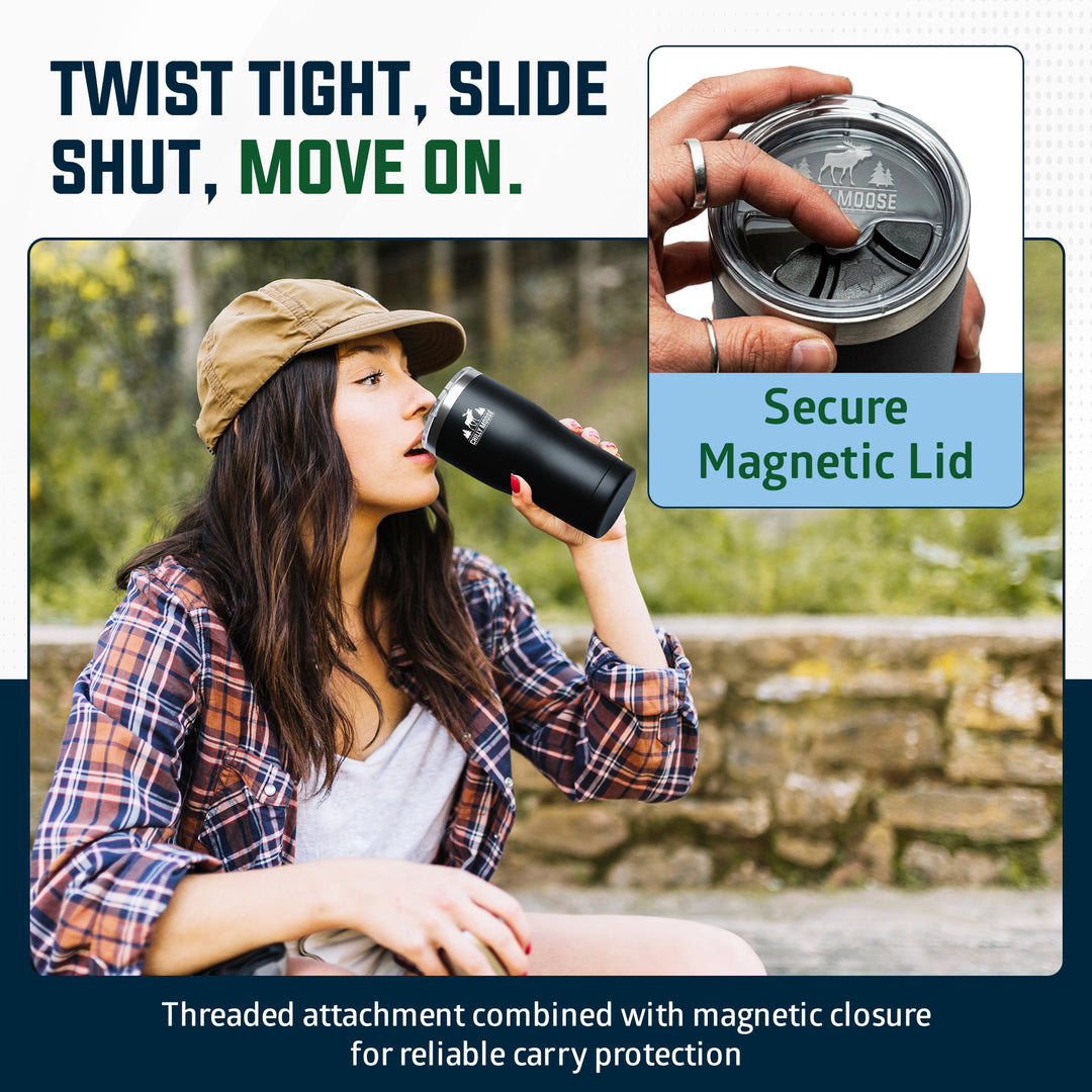 A promotional graphic for a black magnetic travel tumbler with a threaded lid. It includes a lifestyle photo of a woman outdoors drinking from the tumbler, an inset close-up of the magnetic lid being twisted and slid off, and marketing text reading 'TWIST TIGHT, SLIDE SHUT, MOVE ON.#colour_midnight