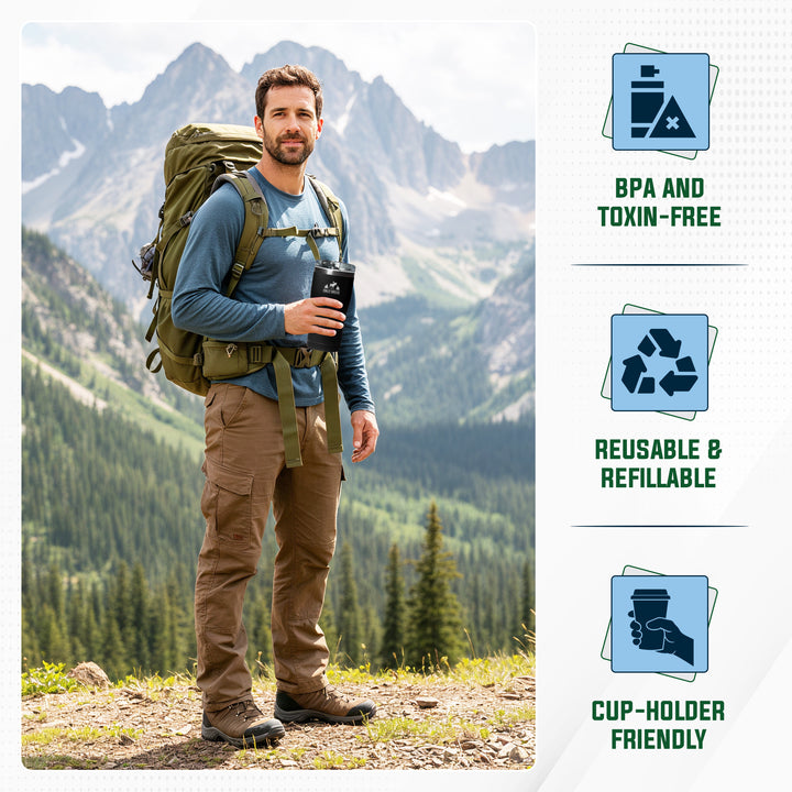 A man wearing a large olive green hiking backpack and brown pants stands on a mountain trail holding a black travel mug. The right side features three light blue informational icons with text reading 'BPA AND TOXIN-FREE,' 'REUSABLE & REFILLABLE,' and 'CUP-HOLDER FRIENDLY. #colour_midnight