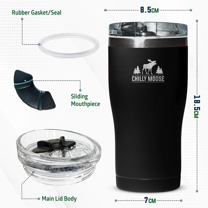 Black insulated tumbler with a clear lid and accessories shown on a white background, labeled with dimensions and parts: rubber gasket/seal, sliding mouthpiece, main lid body, and tumbler height/width. #colour_midnight