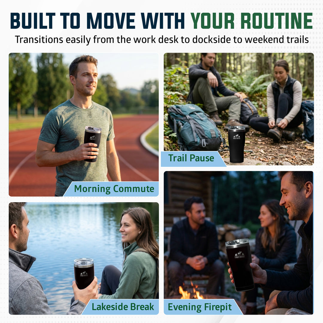 A promotional collage with four lifestyle panels showing people outdoors holding a black travel tumbler with a white logo. The top text reads 'BUILT TO MOVE WITH YOUR ROUTINE' and the panel labels include Morning Commute, Trail Pause, Lakeside Break, and Evening Firepit.#colour_midnight