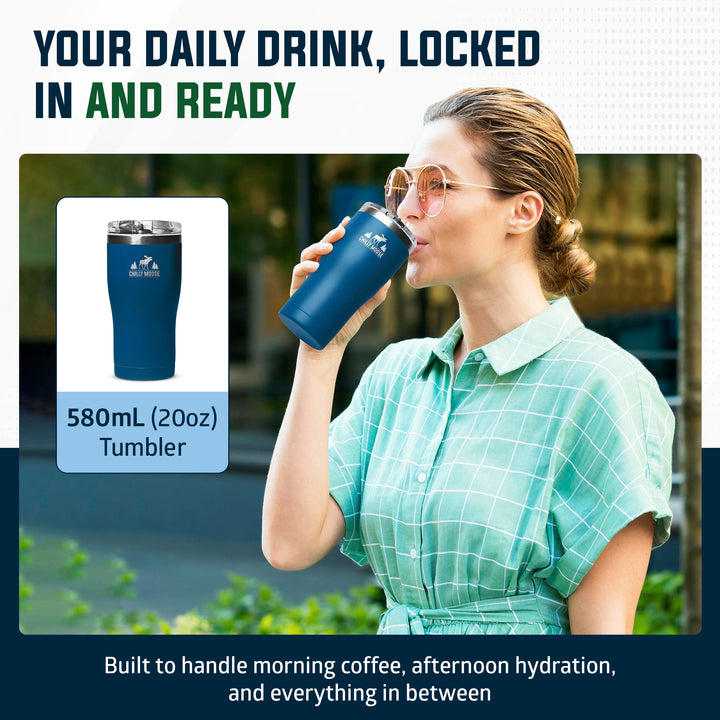 A woman in a mint green plaid shirt drinks from a dark blue insulated tumbler. The image includes a product inset showing the tumbler alone on a white background with text reading '580mL (20oz) Tumbler,' plus marketing copy about daily hydration and a dark blue border.#colour_navy