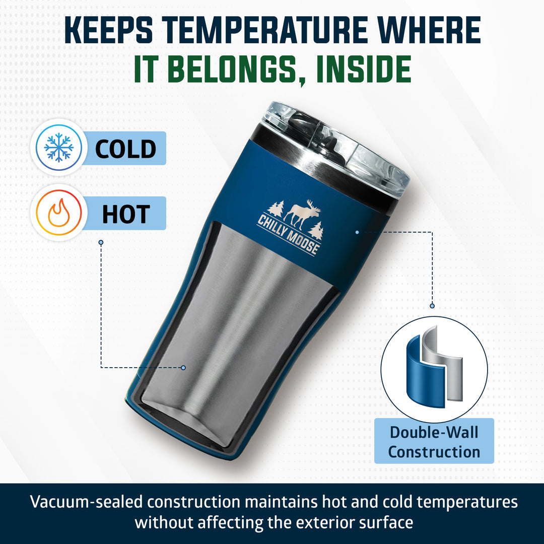 A dark blue and stainless steel insulated tumbler with the 'Chilly Moose' logo, shown on a white background with marketing text and callouts about keeping temperature inside and double-wall construction.#colour_navy