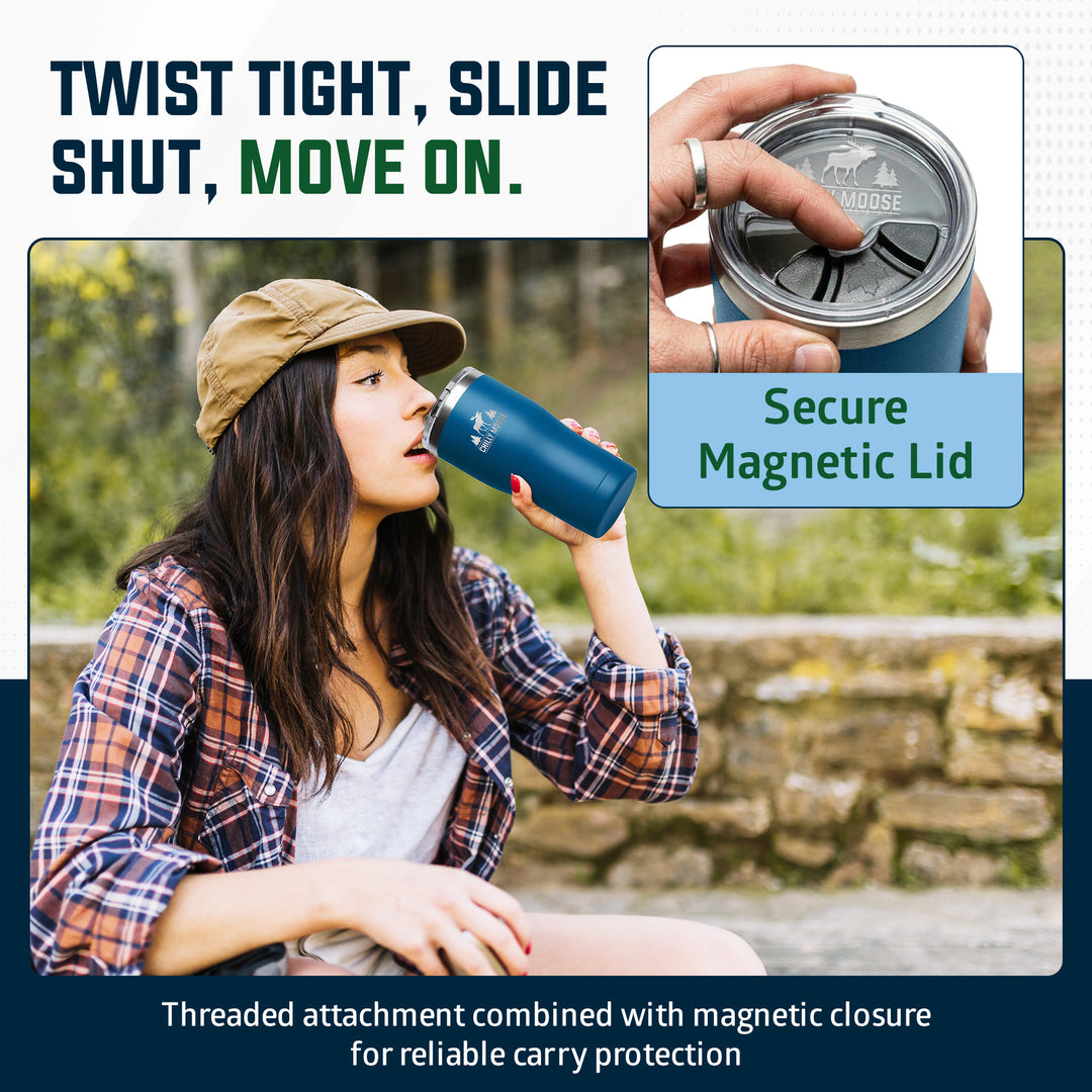 A person outdoors drinking from a dark blue insulated tumbler with a threaded lid. An inset shows a hand pressing a magnetic lid onto the tumbler, with text reading 'Secure Magnetic Lid.#colour_navy