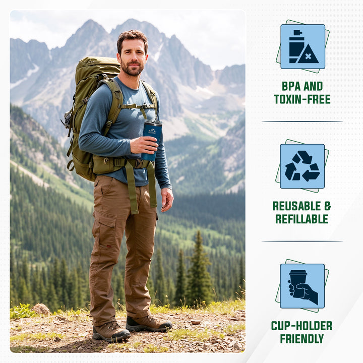 A man wearing a large olive green hiking backpack, blue long-sleeve shirt, and brown pants stands in a mountain landscape holding a blue water bottle. On the right, three blue icons with text read 'BPA AND TOXIN-FREE,' 'REUSABLE & REFILLABLE,' and 'CUP-HOLDER FRIENDLY.#colour_navy