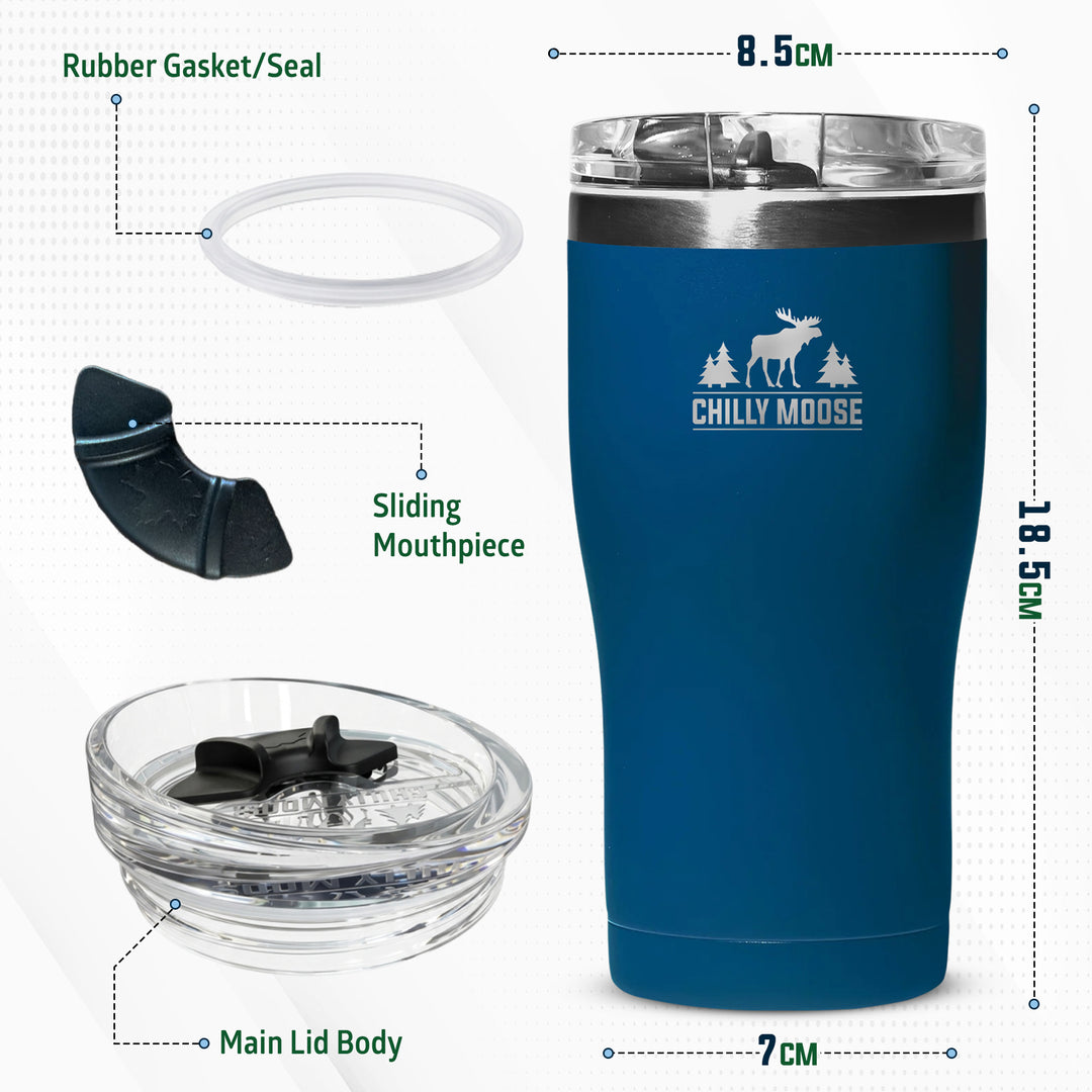 A blue insulated tumbler with a clear lid and accessories shown on a white background with dimension labels. The tumbler has a white moose graphic and the text 'CHILLY MOOSE' on the front.#colour_navy
