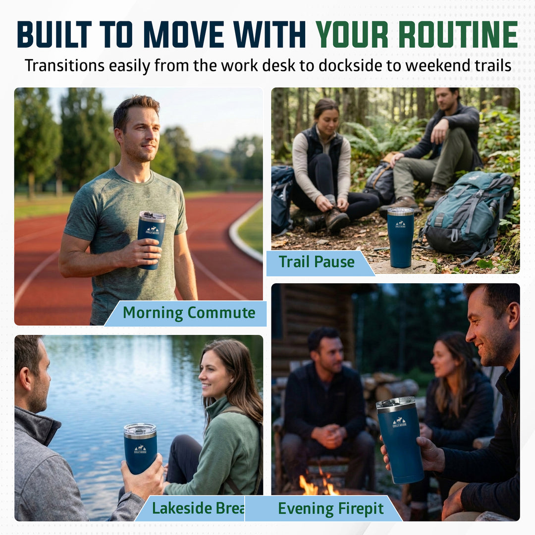 A promotional collage with four lifestyle panels showing people outdoors holding a dark blue insulated travel tumbler. The top text reads 'BUILT TO MOVE WITH YOUR ROUTINE' and includes labeled scenes: Morning Commute, Trail Pause, Lakeside Bree, and Evening Firepit.#colour_navy
